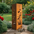 Rustic metal outdoor pineapple garden column sculpture, weatherproof yard statue for patios, pathways, and garden decor.