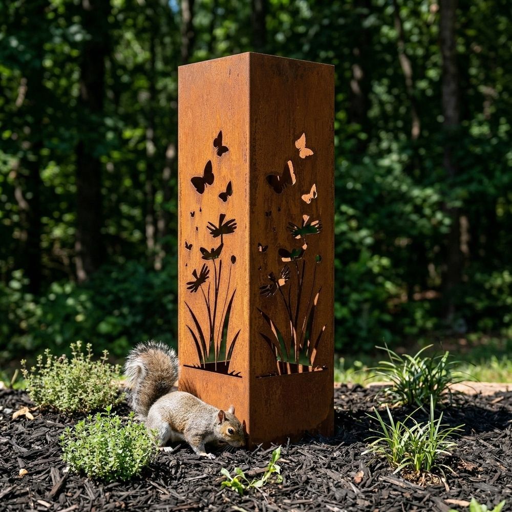 Rustic metal pineapple garden column sculpture by Everything Baby, weatherproof outdoor yard decor for pathways and garden beds.