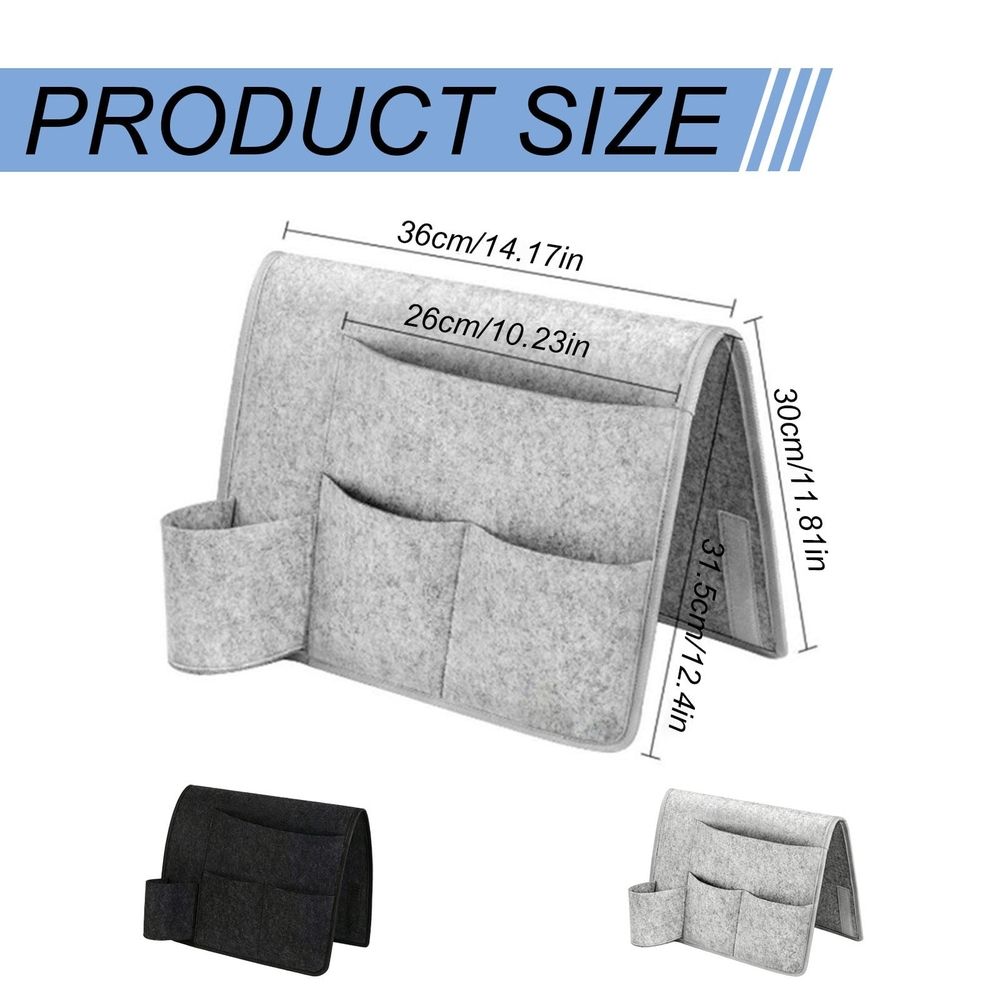 Dark gray bedside caddy organizer with four pockets hanging on a bed or sofa for storage, durable fabric, no installation needed.