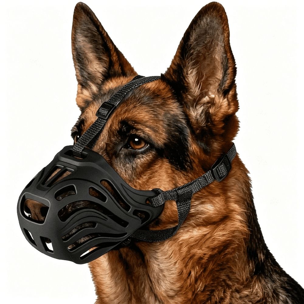 Black large dog muzzle by Everything Baby, breathable adjustable basket muzzle for grooming, training, and vet visits.