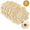 Set of 6 gold 3D flower placemats with waterproof and oil-proof metallic finish, decorative round table mats for wedding and holiday decor