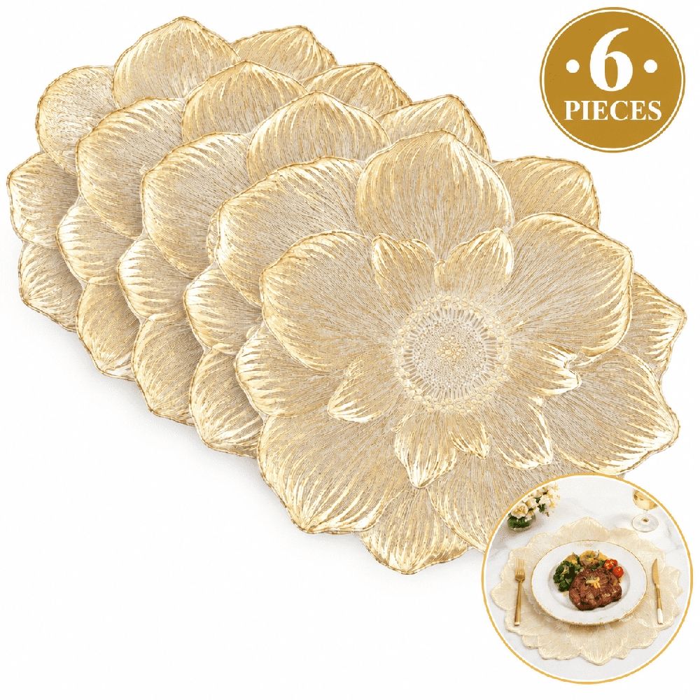Set of 6 gold 3D flower placemats with waterproof and oil-proof metallic finish, decorative round table mats for wedding and holiday decor