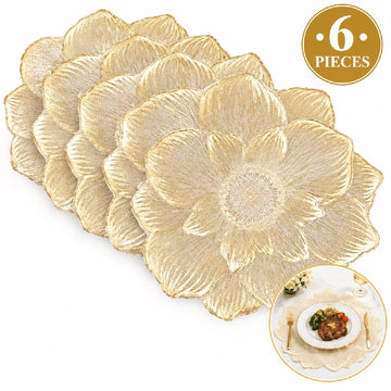 Set of 6 gold 3D flower placemats with waterproof and oil-proof metallic finish, decorative round table mats for wedding and holiday decor