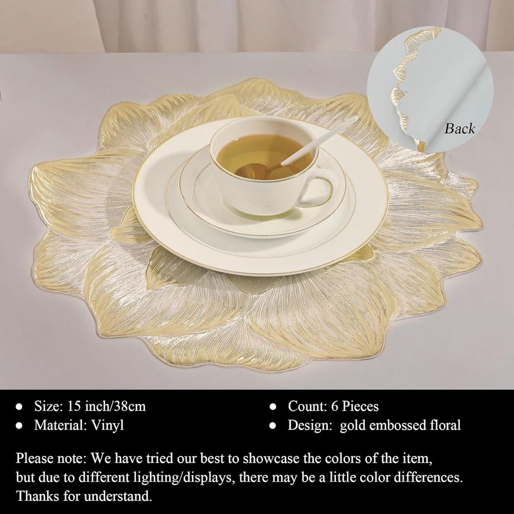 Set of 6 gold 3D flower placemats for table decor, waterproof and oil-proof metallic round mats for weddings and holidays.