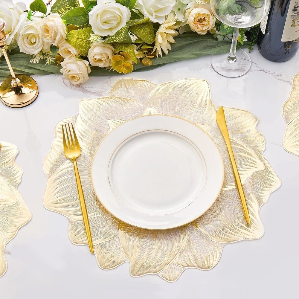 Set of 6 gold 3D flower placemats with waterproof and oil-proof metallic finish, decorative round table mats for special occasions