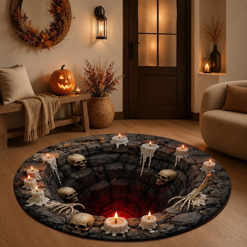 3D illusion Halloween round rug with optical vortex design, spooky indoor floor mat for entryway or home party decor, 60x60cm.