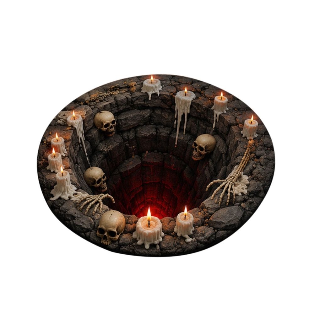3D illusion Halloween round rug by Everything Baby featuring a spooky optical vortex design for indoor entryway or party decor.