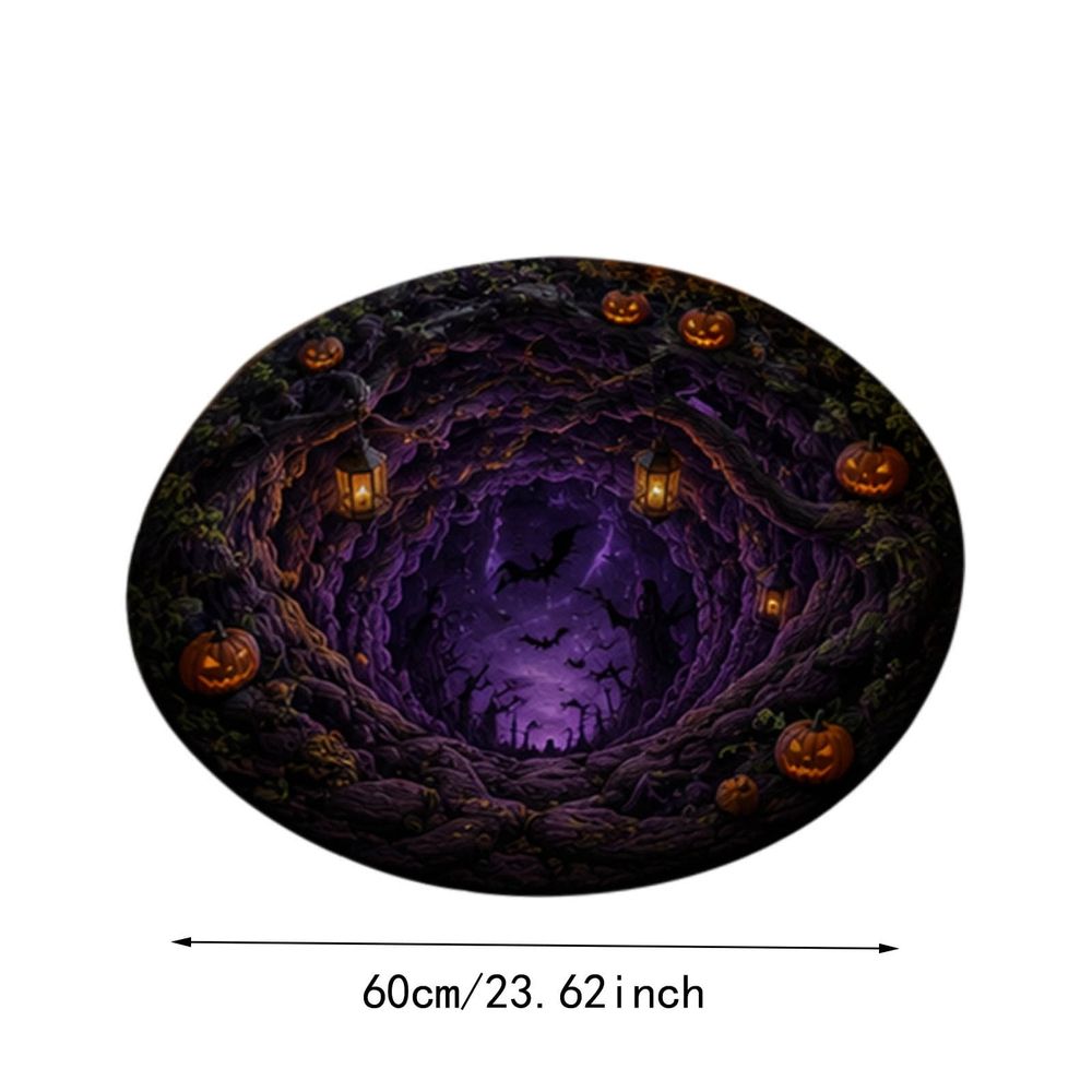3D illusion Halloween round rug with optical vortex design, spooky circular doormat for indoor entryway or home party decor, 60x60cm.
