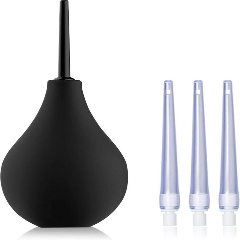 Silicone 8oz anal and vaginal douche bulb with four replaceable tips for personal hygiene and flushing systems.