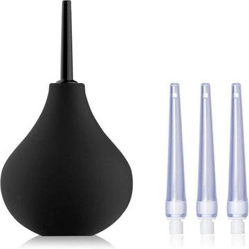 Silicone 8oz anal and vaginal douche bulb with four replaceable tips for personal hygiene and flushing systems.