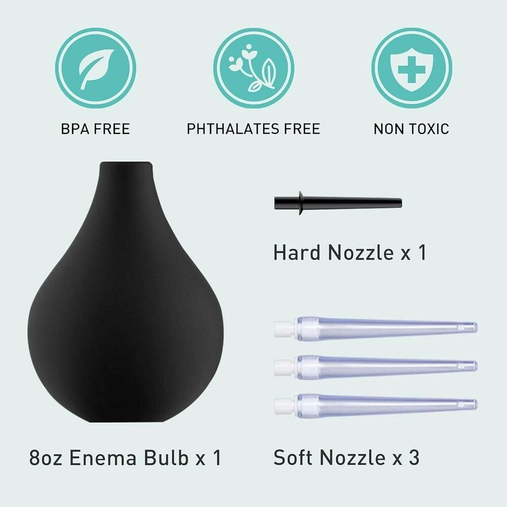 Silicone 8oz anal and vaginal douche bulb with four replaceable tips for men, part of baby health and grooming kits.