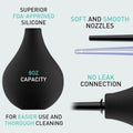 Silicone 8oz anal and vaginal douche bulb with four replaceable tips, used for personal cleansing and flushing.