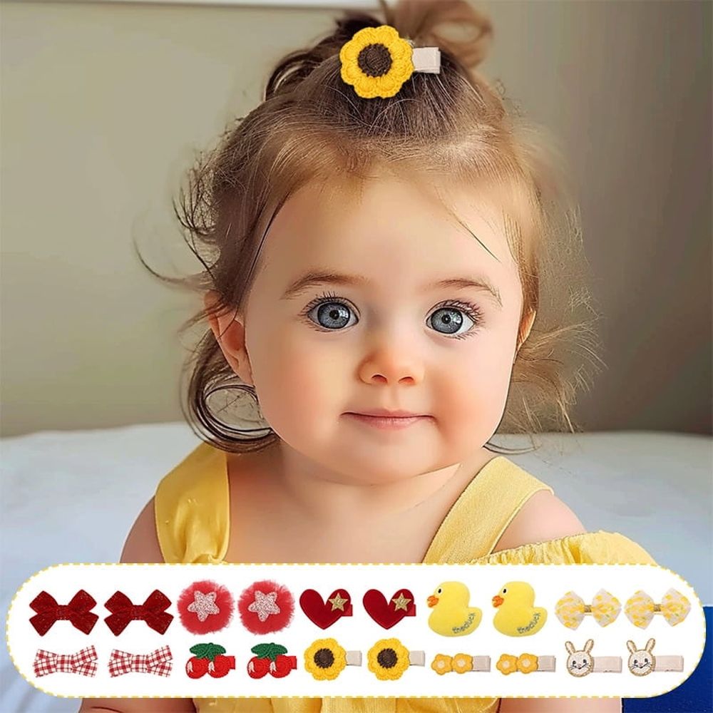 Ten baby hair clips by Everything Baby featuring soft fabric-lined floral barrettes for girls, toddlers, and infants.