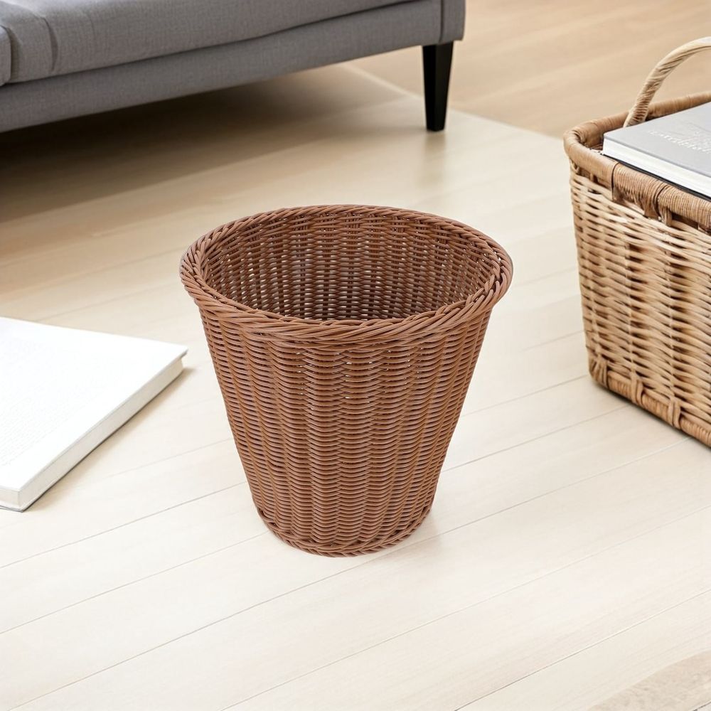 Woven plastic waste basket with large capacity for household use, suitable for kids' toy storage in a modern home.