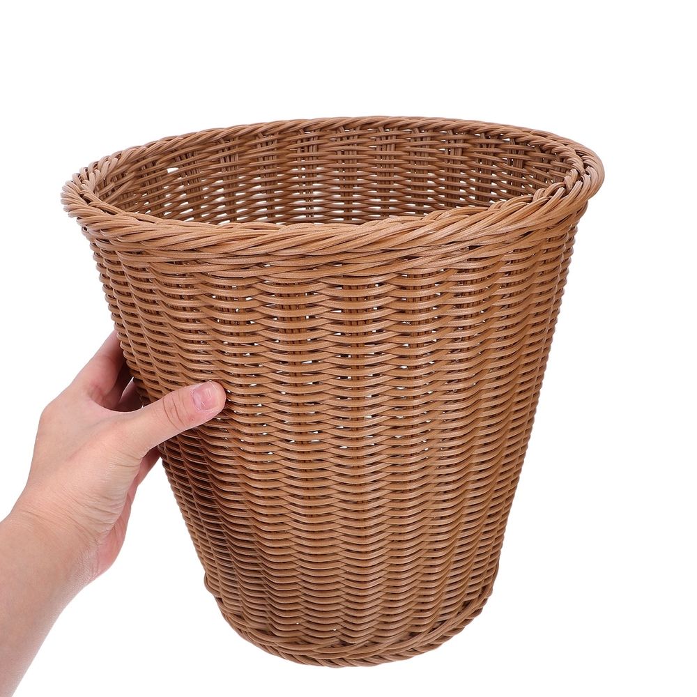 Woven plastic waste basket with large capacity for household use, suitable for storing toys or paper waste in a kid's room.