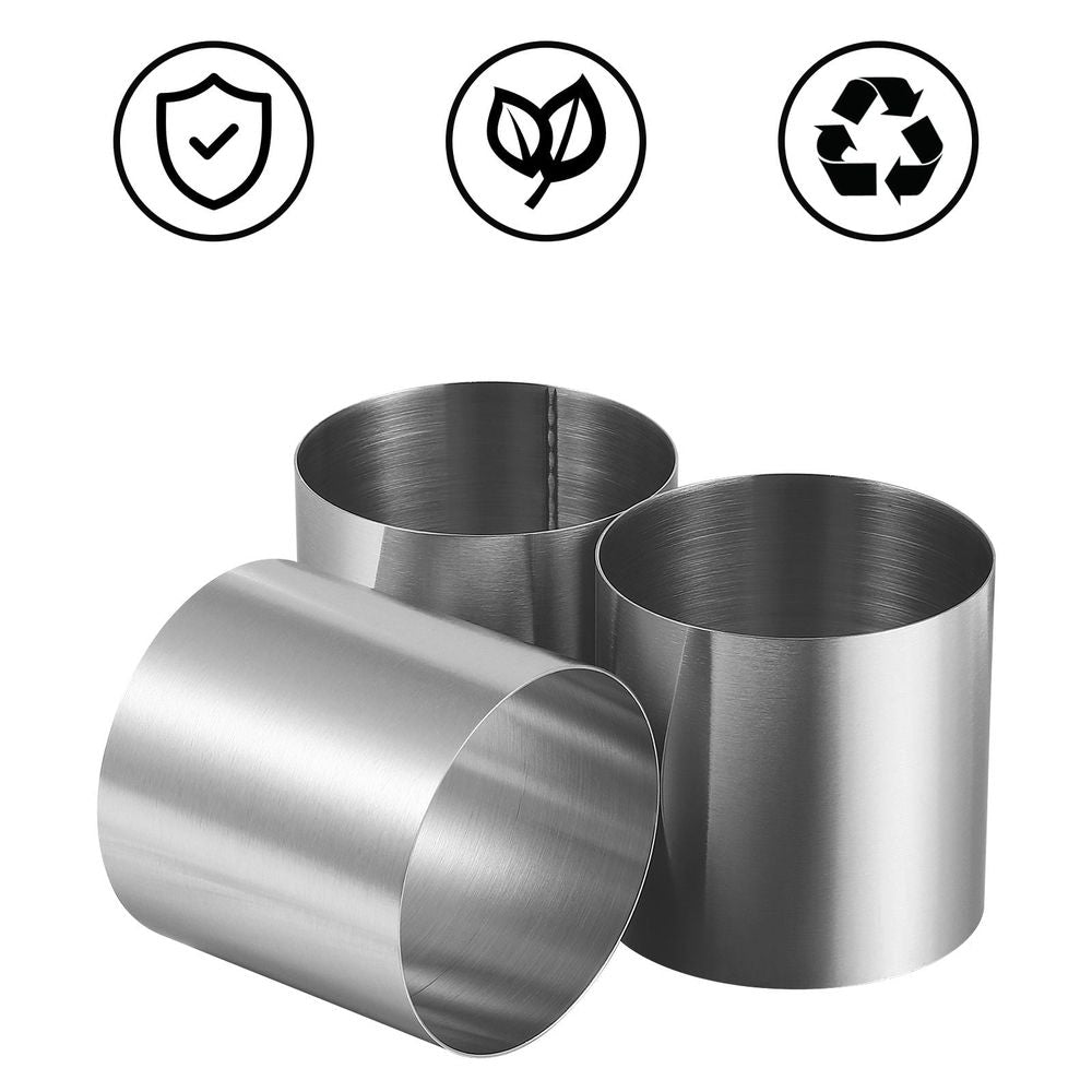Stainless steel silver cake mold rings for baking, set of 8, ideal for dessert making and pretend play in kids' toy kitchen.