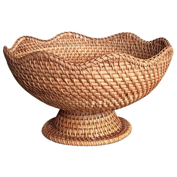Rattan Fruit Bowl Footed Decorative Basket for Kitchen Counter 25cm