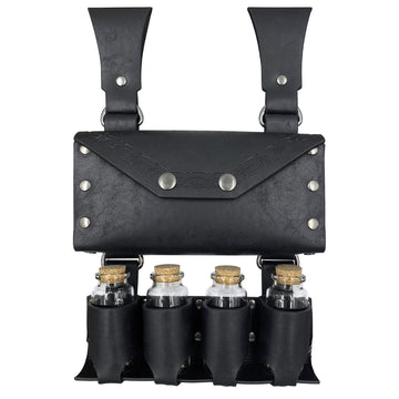 Medieval Alchemy Belt Bag with 4 Cork Potion Vials, Fantasy Wizard Waist Pouch Side Pack with Glass Vials Wizard Waist Pouch Side Pack(Black)
