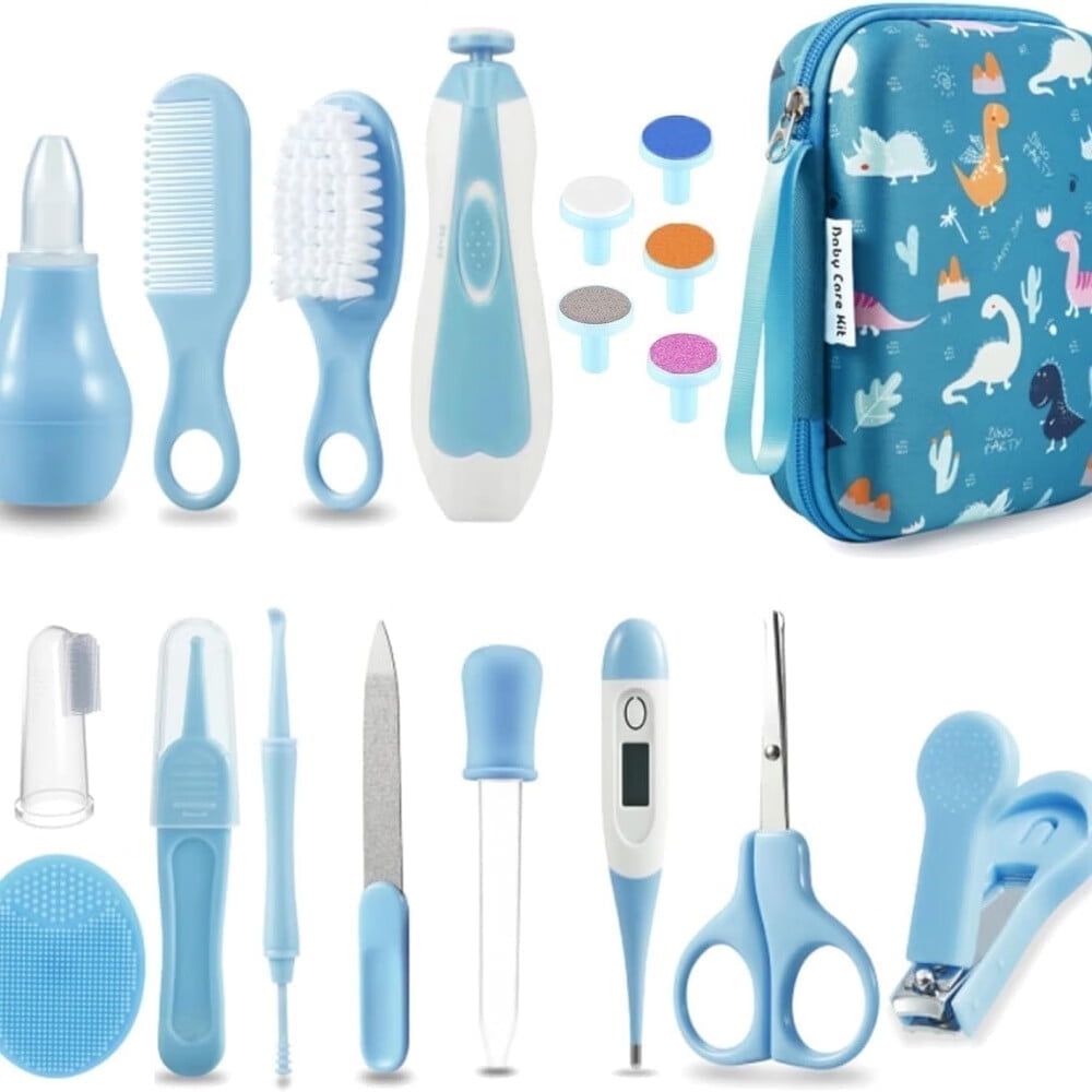 Everything Baby newborn health and grooming kit with electric nail trimmer, baby scissors, and grooming tools in blue.