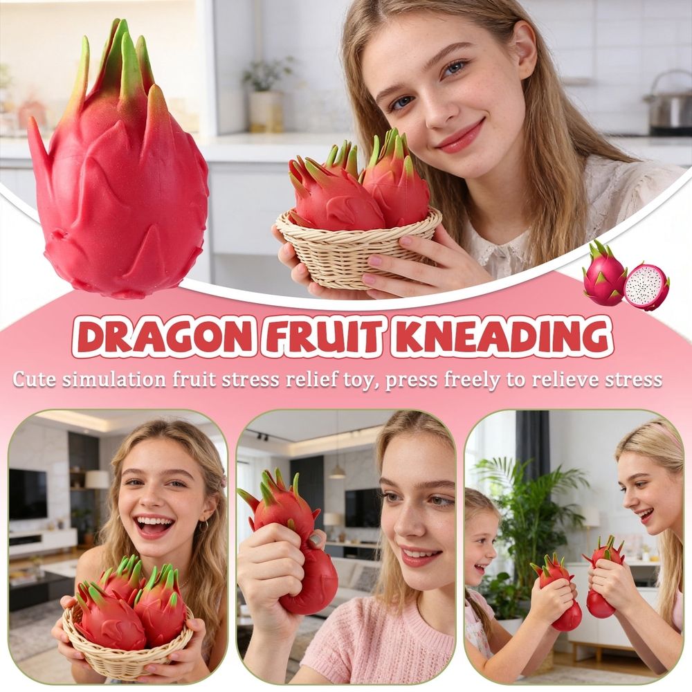 Realistic dragon fruit squishy stress ball by Everything Baby, soft, slow-rising toy for kids and students, portable and odorless