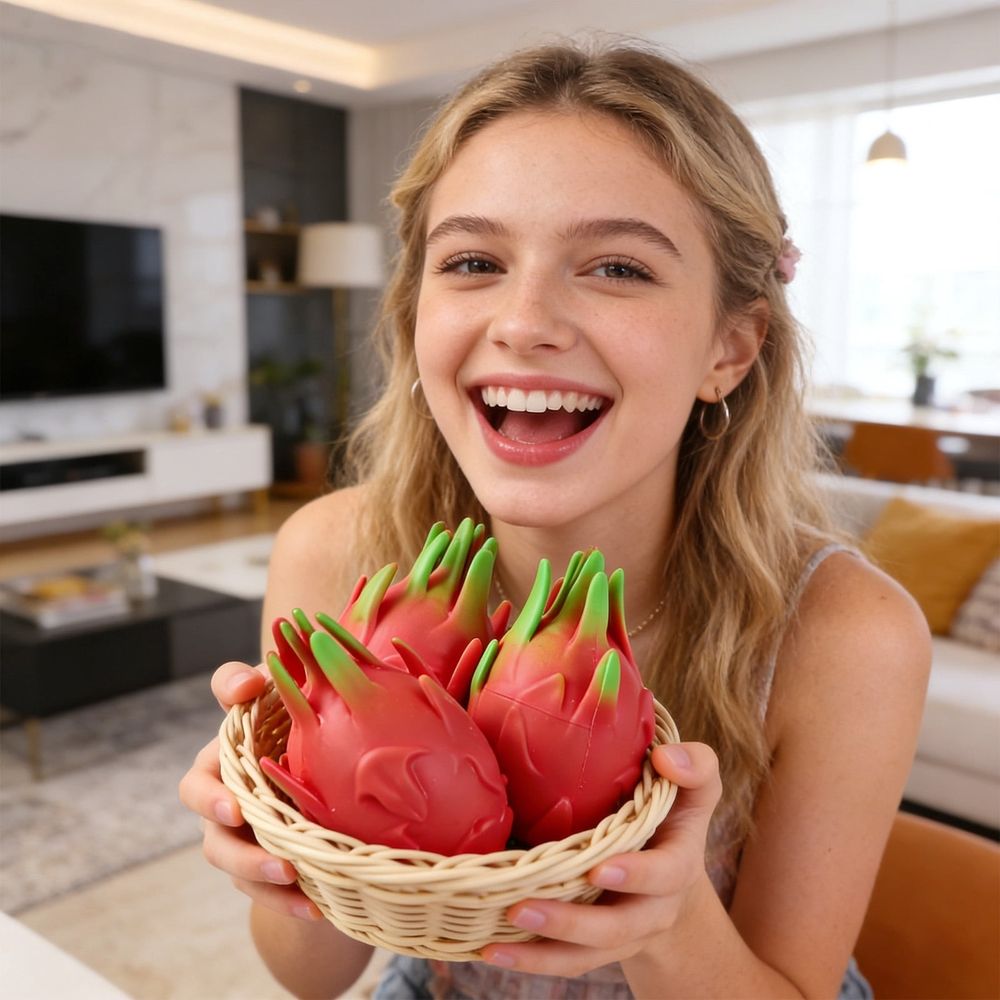 Realistic dragon fruit squishy stress ball with soft, slow rising texture, portable and odorless, suitable for kids and students.