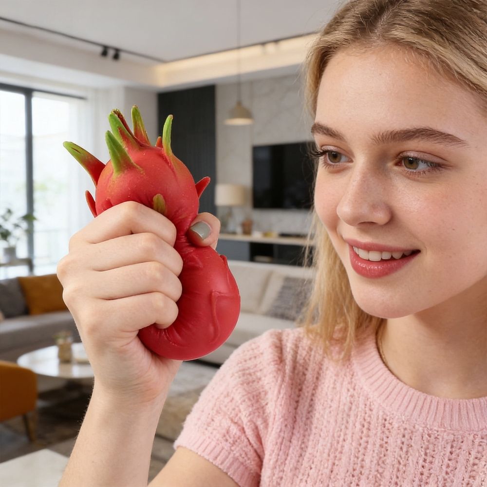 Realistic pink dragon fruit squishy toy with slow rising soft texture, portable stress ball for kids and students.