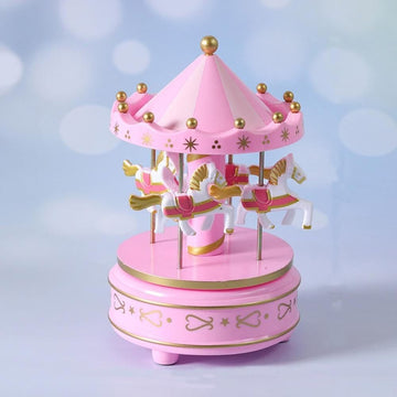 Blue and pink horse-themed windup music box for kids, featuring rotating figurines, ideal for birthdays, holidays, and special occasions.
