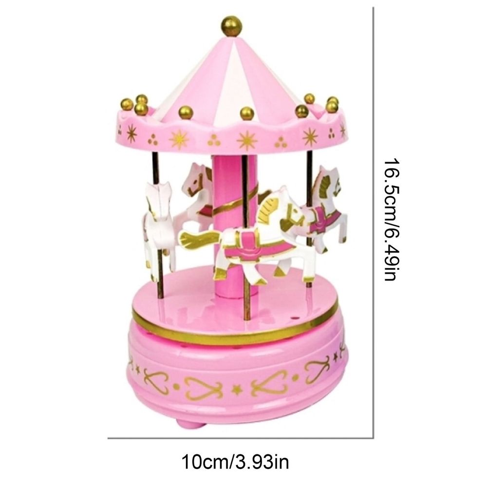 Blue and pink horse-shaped music box for kids, rotating windup musical figurine from Everything Baby, perfect for birthdays and holidays.