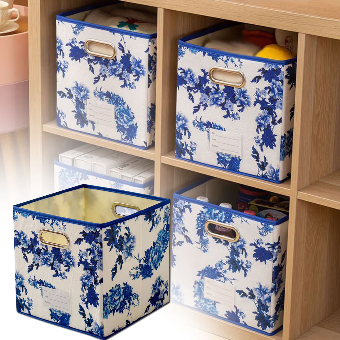 Blue fabric gift storage cube bin for toys, foldable kid's toy box, ideal for organization and decoration in children's rooms