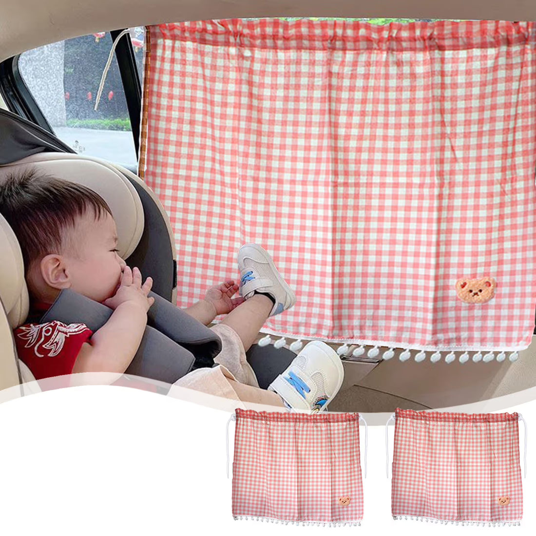 Black car rear window plaid sunshade with cartoon bear pattern and suction cups, provides UV and heat protection for strollers.