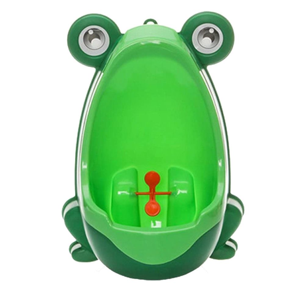 Green cartoon frog kids' urinal with hanging rings, wall-mounted design for boys’ potty training, suitable for home decor.