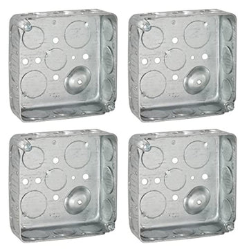 (4 Pack) 4'' Square Electrical Box, Drawn Construction, Raised Ground,Capacity, 1-1/2'' Deep, Galvanized Steel, Combination Screw Heads