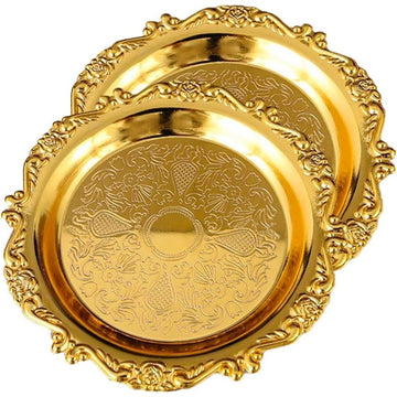 2PCS Coffee Table Tray 10cm Round Decorative Tray Vintage Metal Dessert Plates for Snacks Fruit  (Golden)