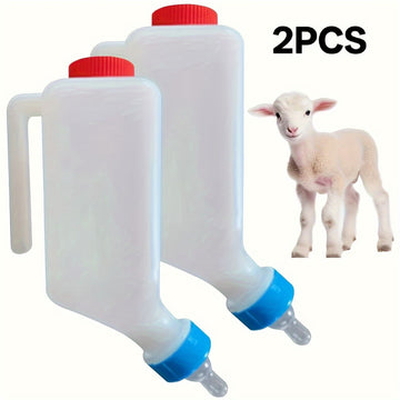 Two portable goat milk feeding bottles with handles, made of sturdy PP plastic for lambs and baby goats.