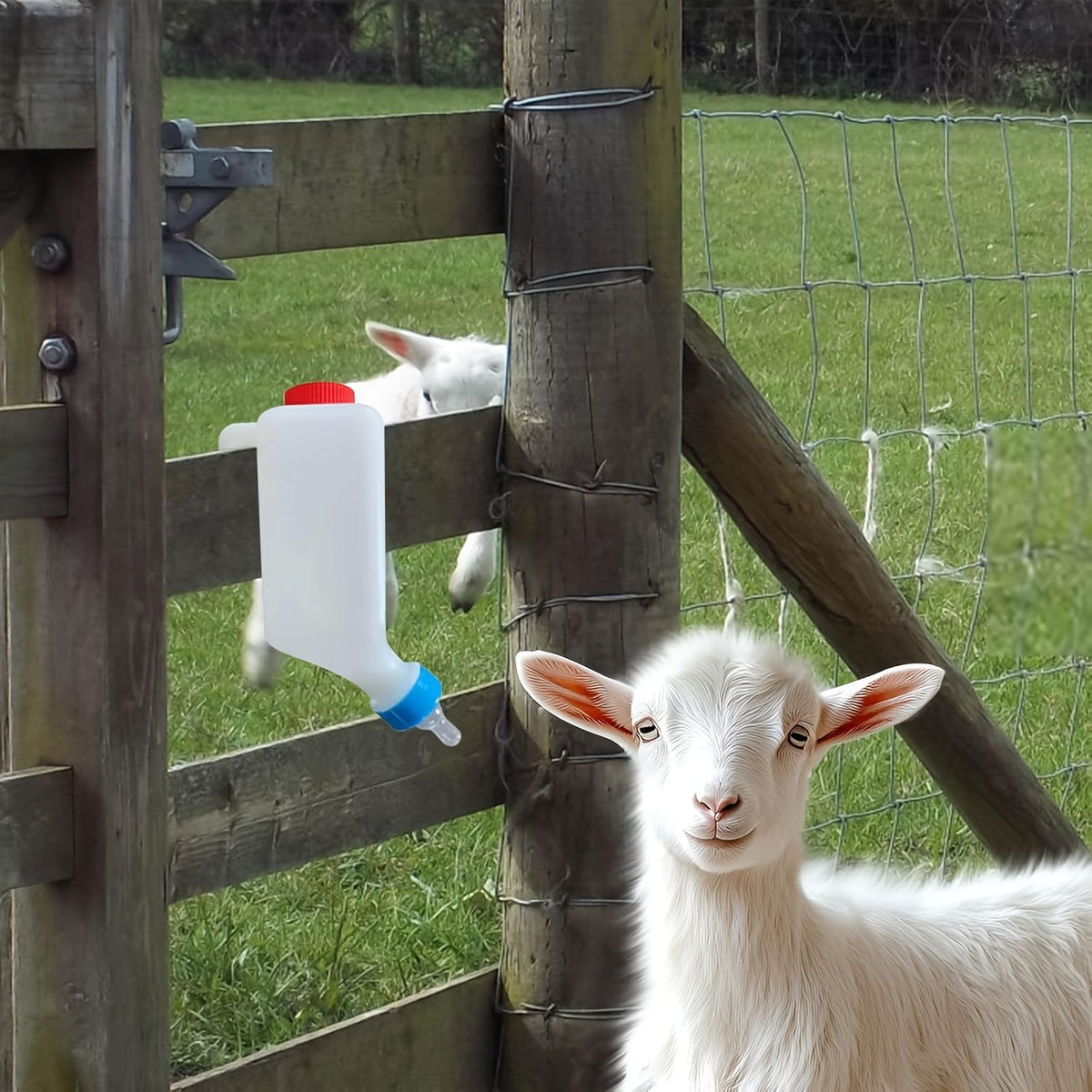 Two portable goat milk bottles with handles, made of sturdy PP plastic, designed for lambs and baby goats, no batteries needed.