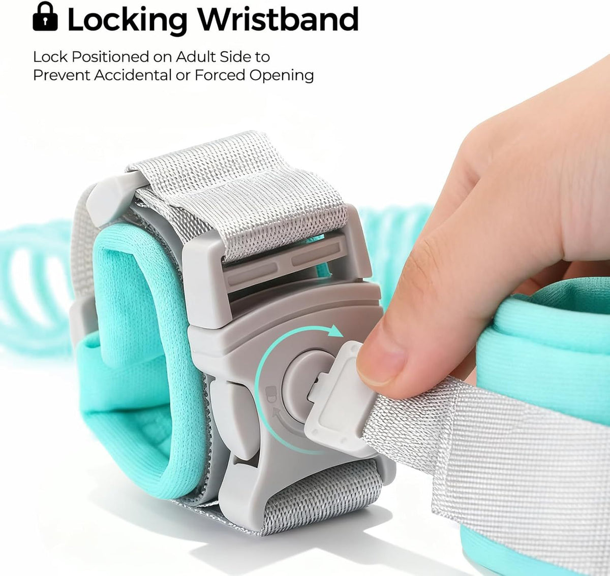 Blue toddler safety leash with reflective wrist link, key lock, 8.2ft walking harness for mall, airport, zoo, and travel.