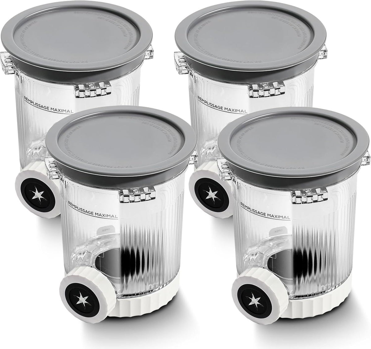 Four swirl ice cream maker pint containers with lids, compatible with Ninja NC700 series soft serve makers, dishwasher safe.