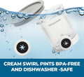 Four swirl ice cream maker pints with lids, compatible with Ninja NC700 series soft serve makers, dishwasher safe, for kids' treats.