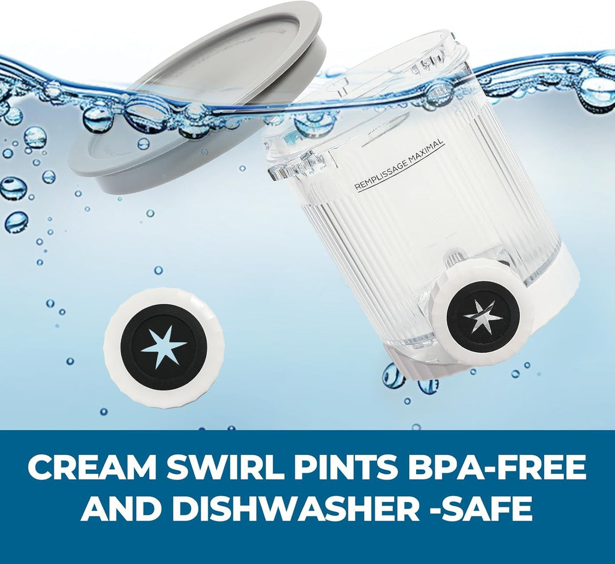 Four swirl ice cream maker pints with lids, compatible with Ninja NC700 series soft serve makers, dishwasher safe, for kids' treats.