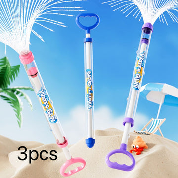 Colorful 3-piece summer firework water gun set for kids, made of ABS, perfect for outdoor pool, beach, and birthday play.