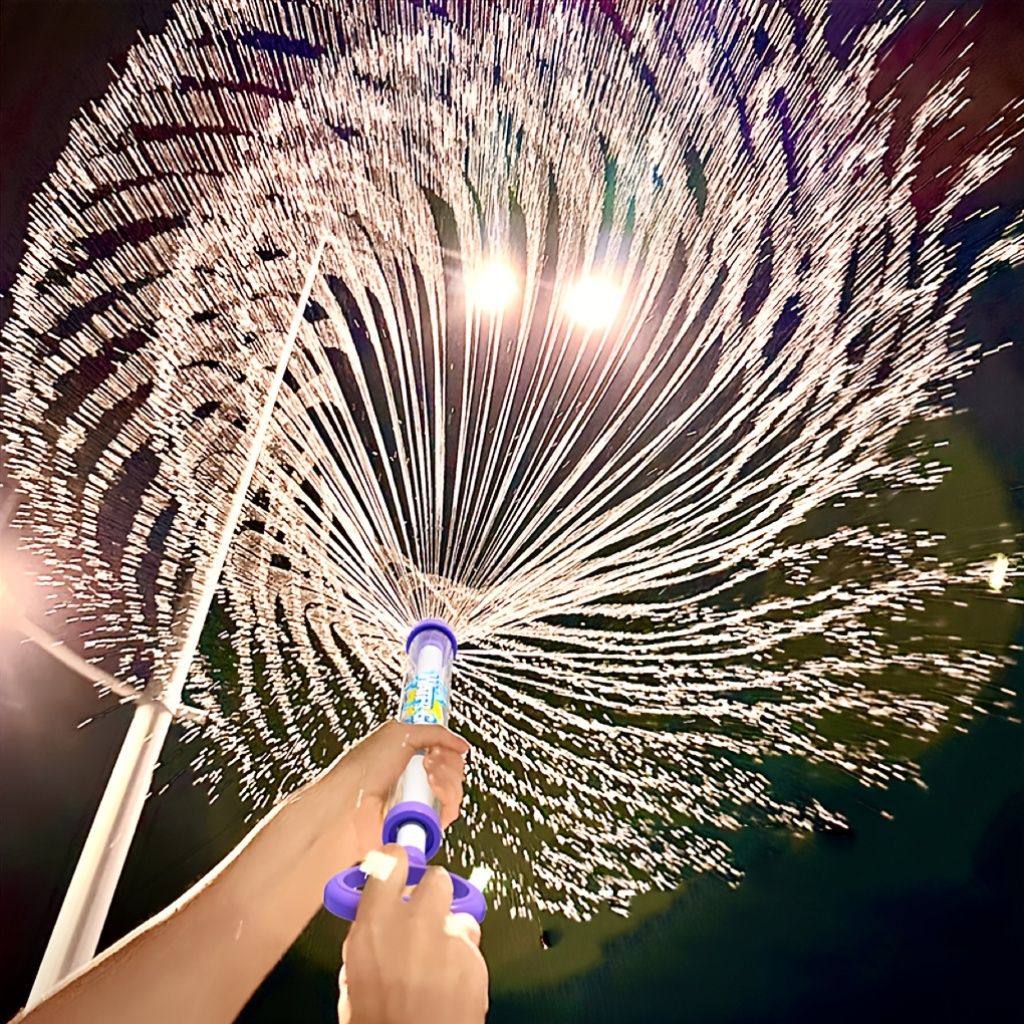 Three colorful summer firework water guns for kids, perfect for outdoor pool, beach, and birthday fun, made of durable ABS plastic.