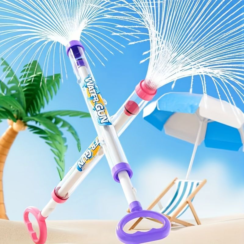 Three colorful summer firework water guns for kids, suitable for outdoor pool and beach play, made of ABS plastic.