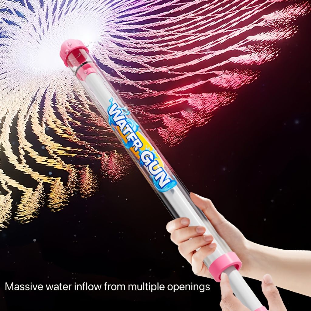 Three colorful summer firework water guns for kids, suitable for outdoor pool and beach play, made of durable ABS material.