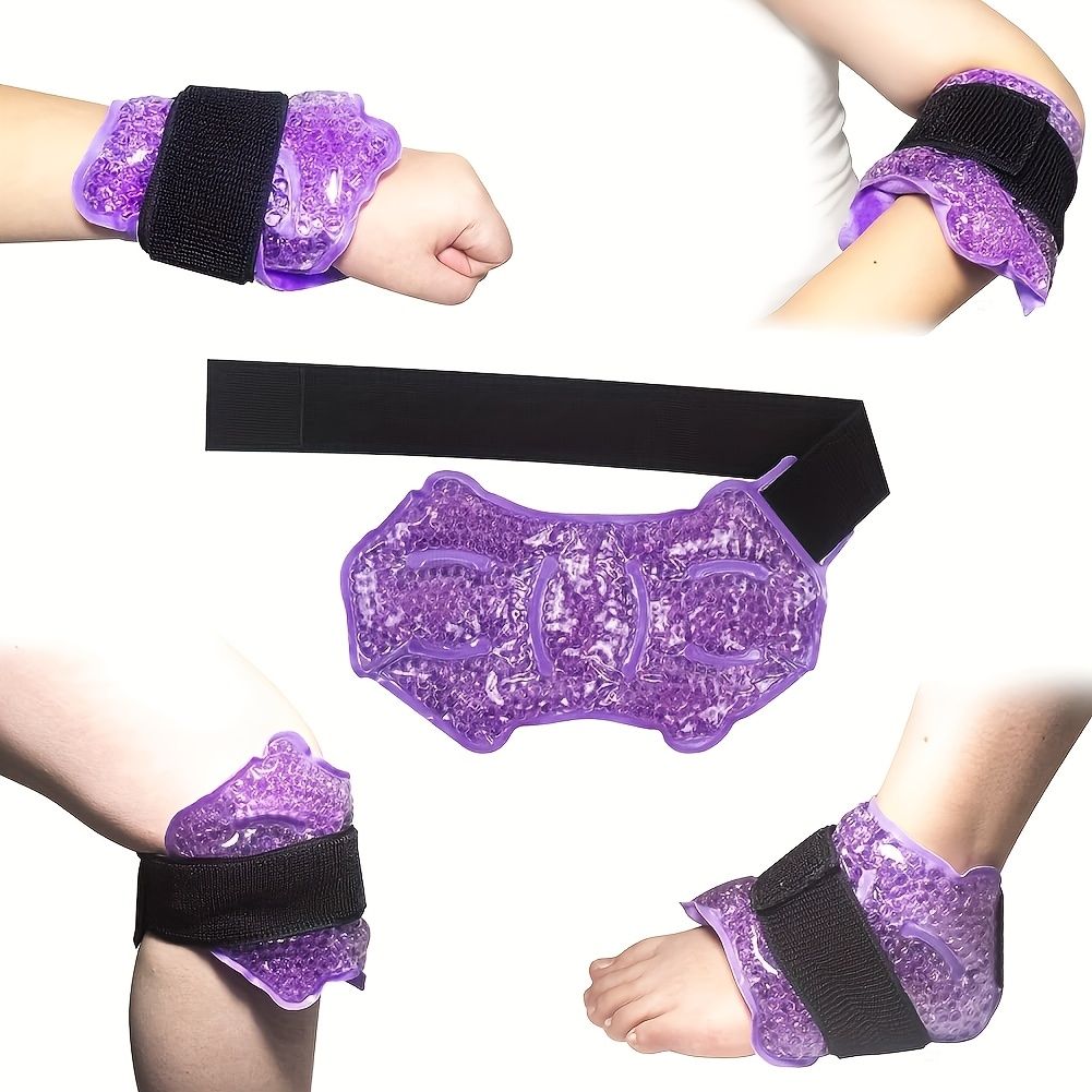 Blue ankle and knee ice wrap with adjustable brace, gel pack for hot or cold therapy, reusable and microwaveable for pain relief