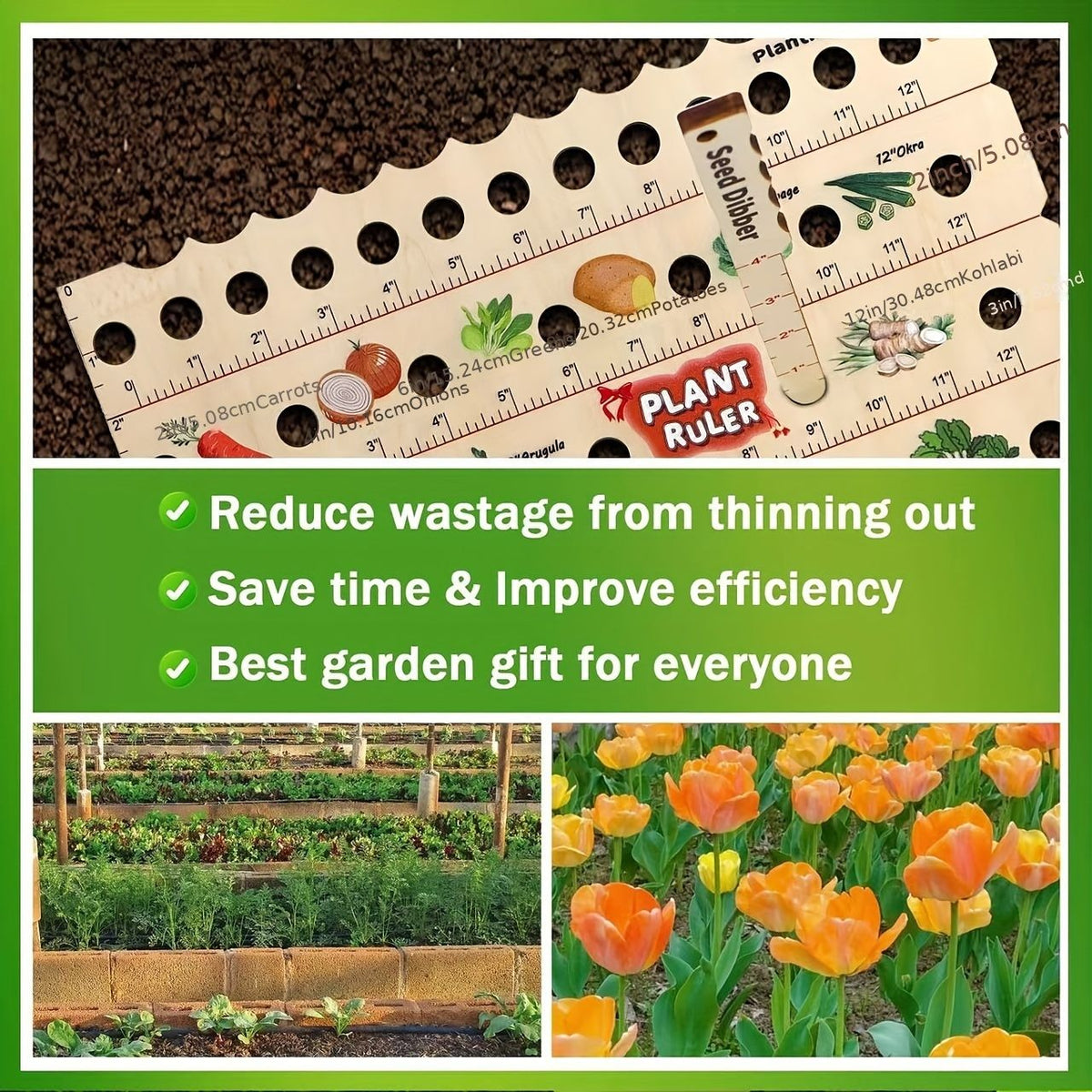 Wooden garden planting ruler by Everything Baby, ideal for seedlings and transplants, classic style, no power needed, outdoor gardening tool.