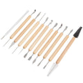 Set of 11 pottery clay sculpting tools with double-sided blades and wooden handles, ideal for ceramics and embossing projects.