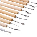 Set of 11 pottery clay sculpting tools with double-sided tips and wooden handles for trimming and embossing ceramics projects.