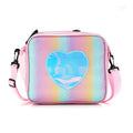 Girls insulated lunch bag with glitter rainbow design, shoulder strap, and bottle holder, perfect for kids' school lunches.