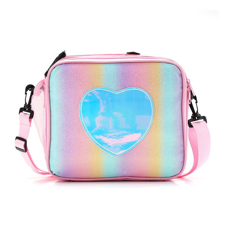 Girls insulated lunch bag with glitter rainbow design, shoulder strap, and bottle holder, perfect for kids' school lunches.