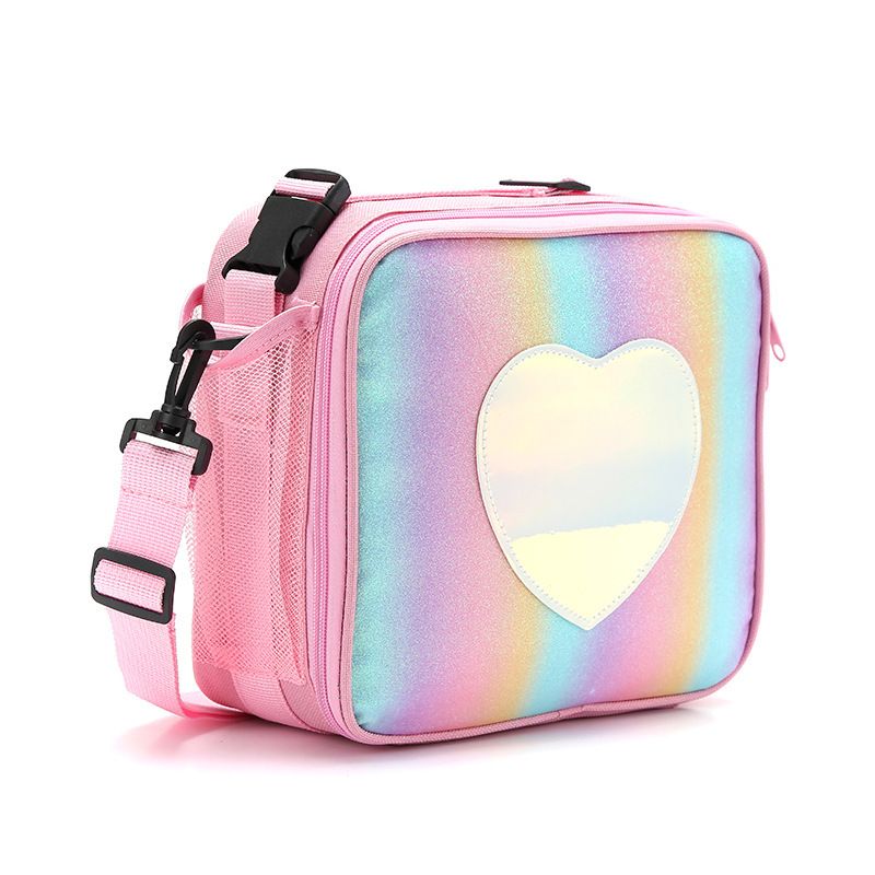 Girls glitter rainbow lunch bag for kids with shoulder strap, insulated interior, bottle holder, and colorful rainbow design.
